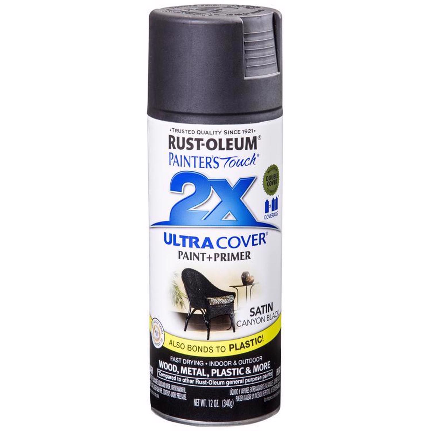 Rust-Oleum Painter\u0027s Touch 2X Ultra Cover Satin Canyon Black Paint+Primer Spray Paint 12 oz