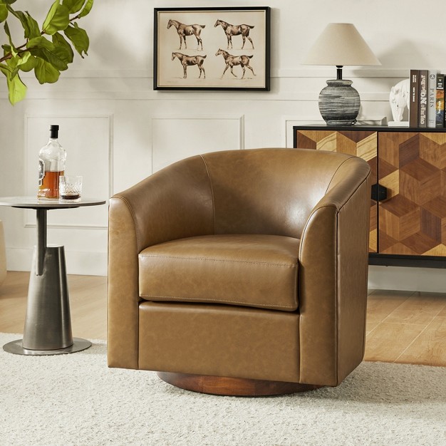 Wide Modern Swivel Barrel Faux Leather Chair With Solid Wood Base artful Living Design