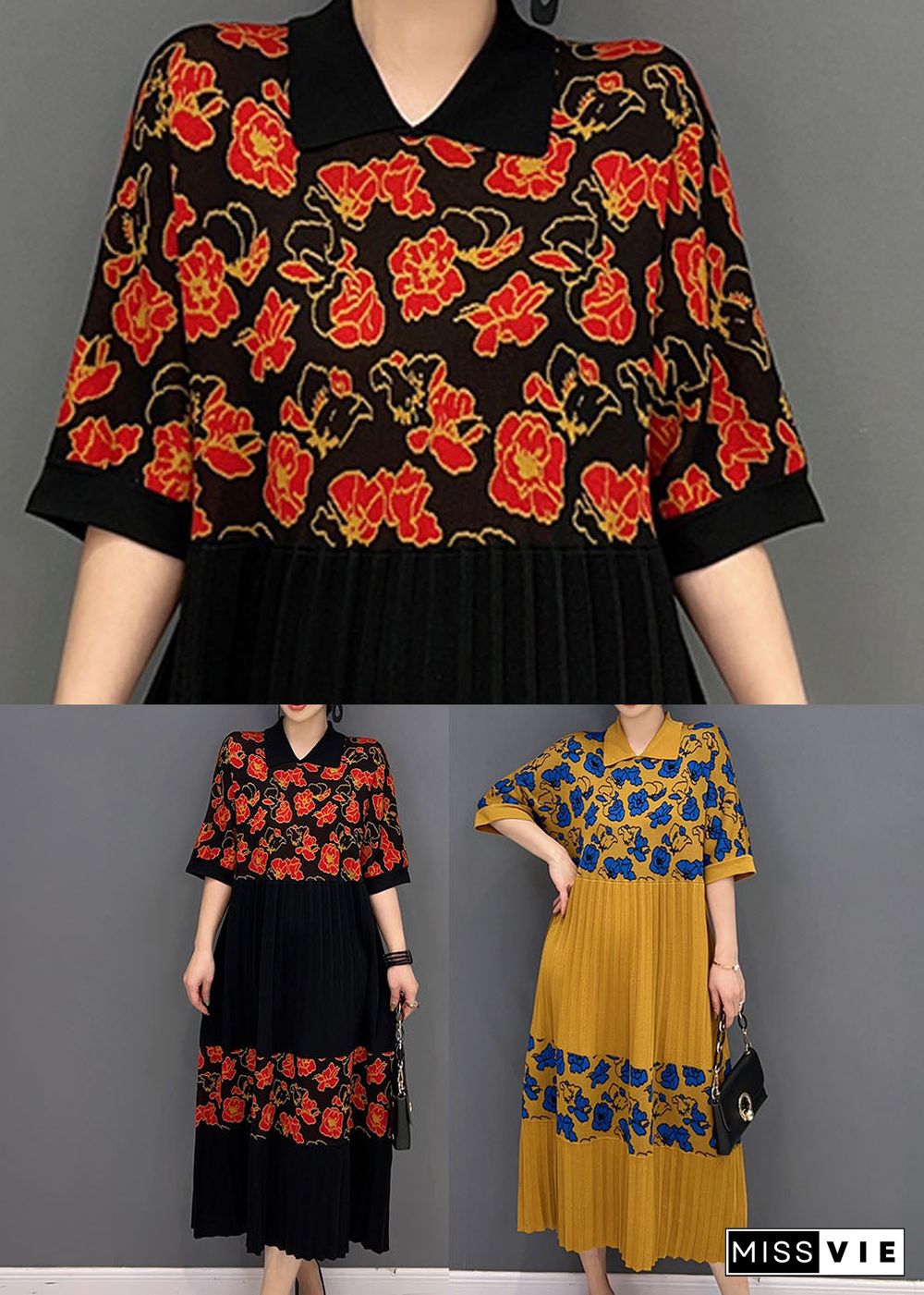 Red Patchwork Knit Pleated Dresses Turn-down Collar Print Summer