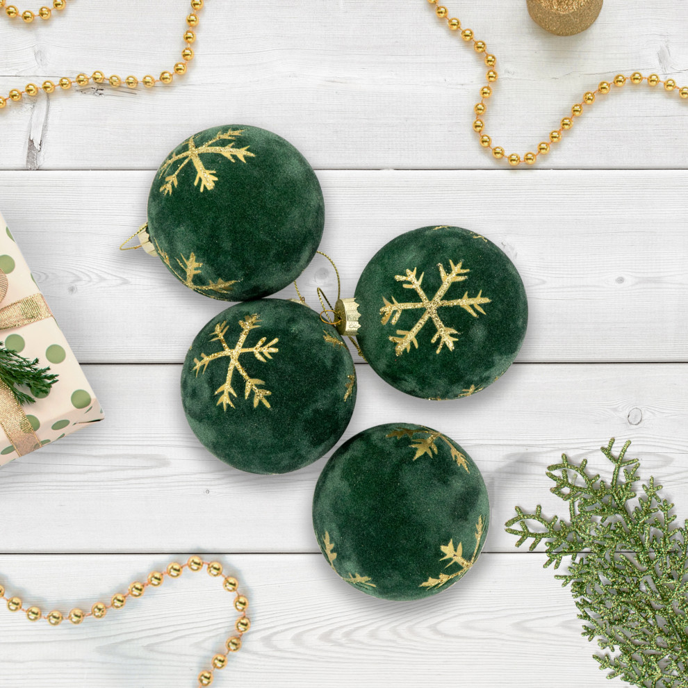 4ct Green Flocked Glass Ball Christmas Ornaments with Gold Snowflakes 3 quot  Modern   Christmas Ornaments   by Northlight Seasonal  Houzz
