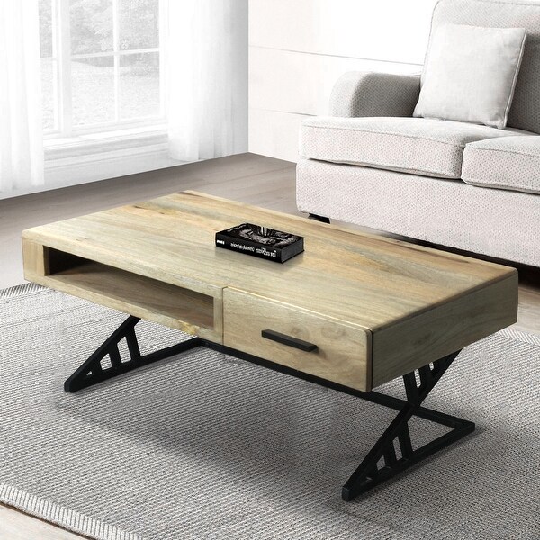 40 Inch Handcrafted Industrial Mango Wood Coffee Table with 1 Drawer