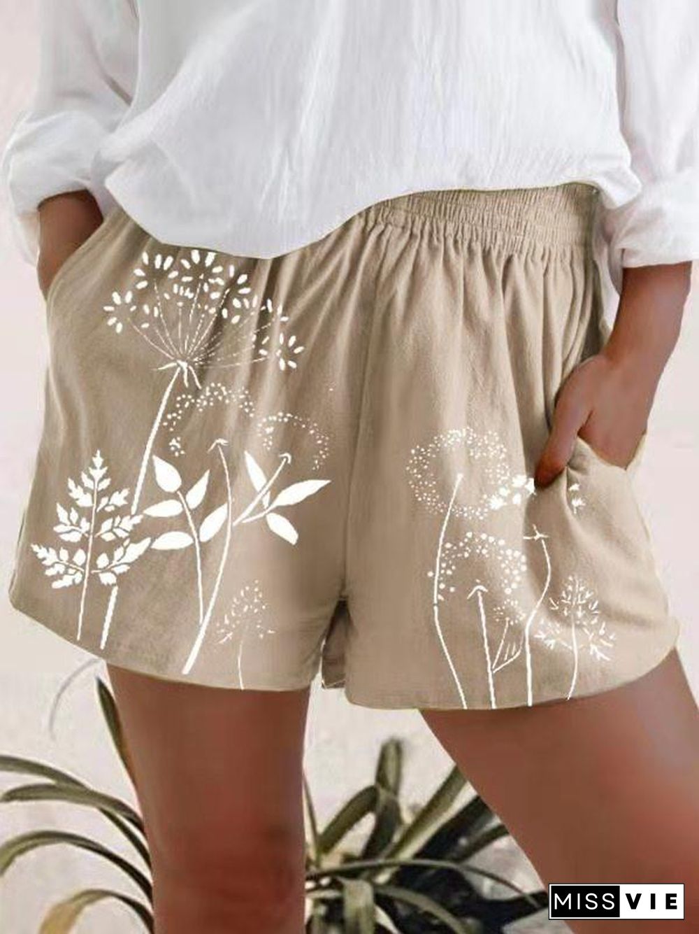 Women Basic Loose Dandelion Printed High-Waist Shorts