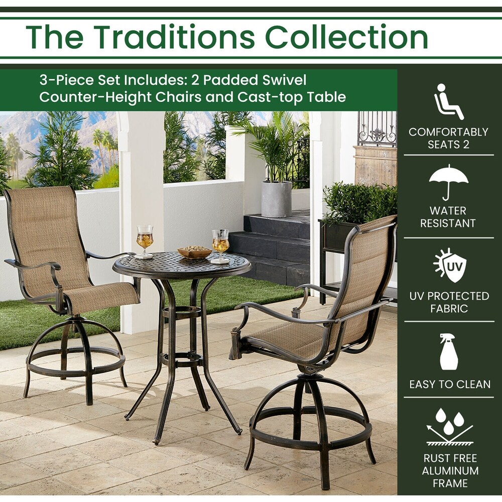 Hanover Traditions 3 Piece High Dining Bistro Set in Tan with 2 Padded Swivel Counter Height Chairs and 30 in. Cast top Table