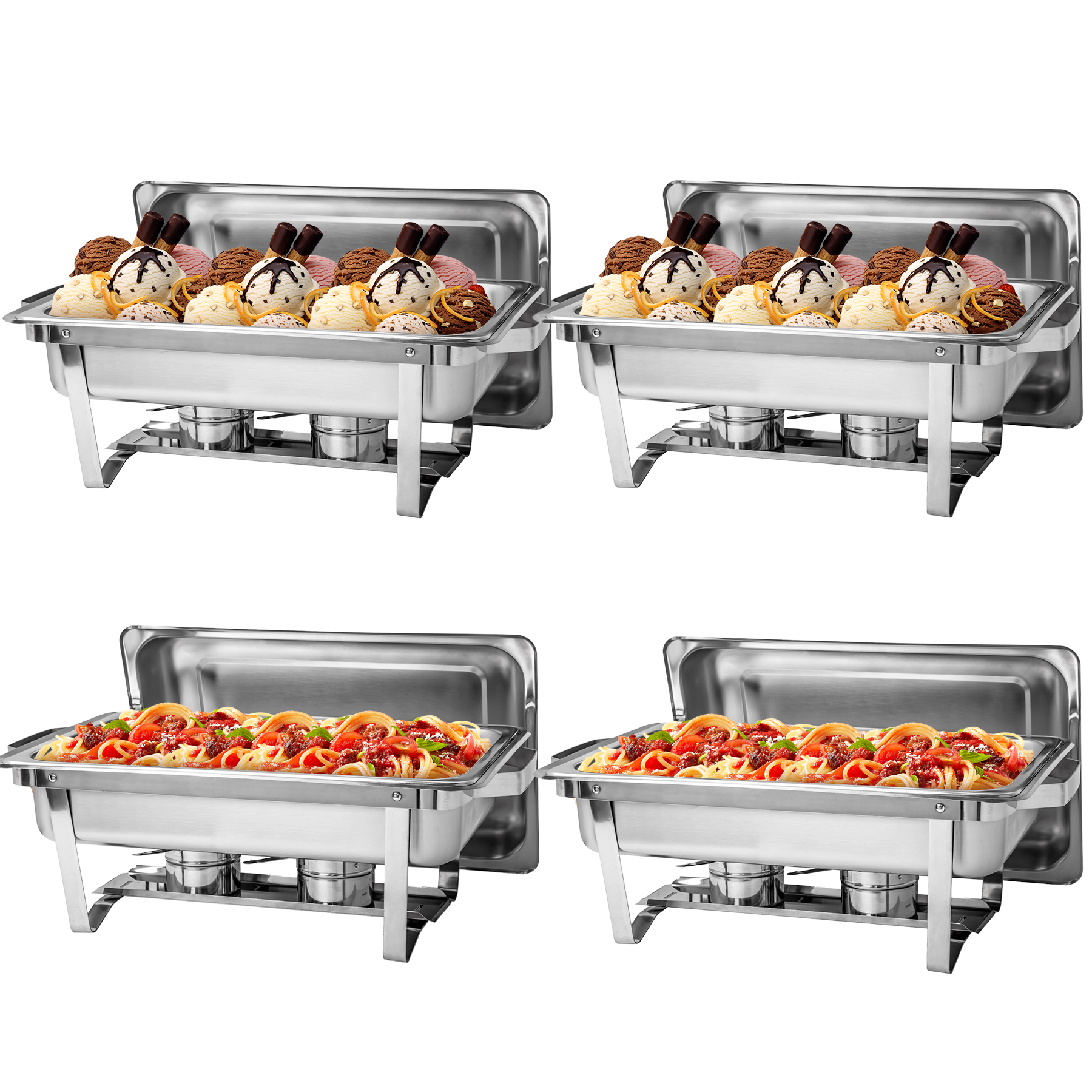 Grandma Shark 4PC 8 Qt/9L Folding Stainless Steel Rectangular Buffet Set Chafing Dishes with Alcohol Furnace， Silver