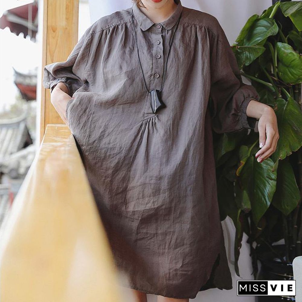 2019 chocolate linen shift dress plus size clothing linen clothing dresses Three Quarter sleeve baggy dresses Peter pan Collar dresses