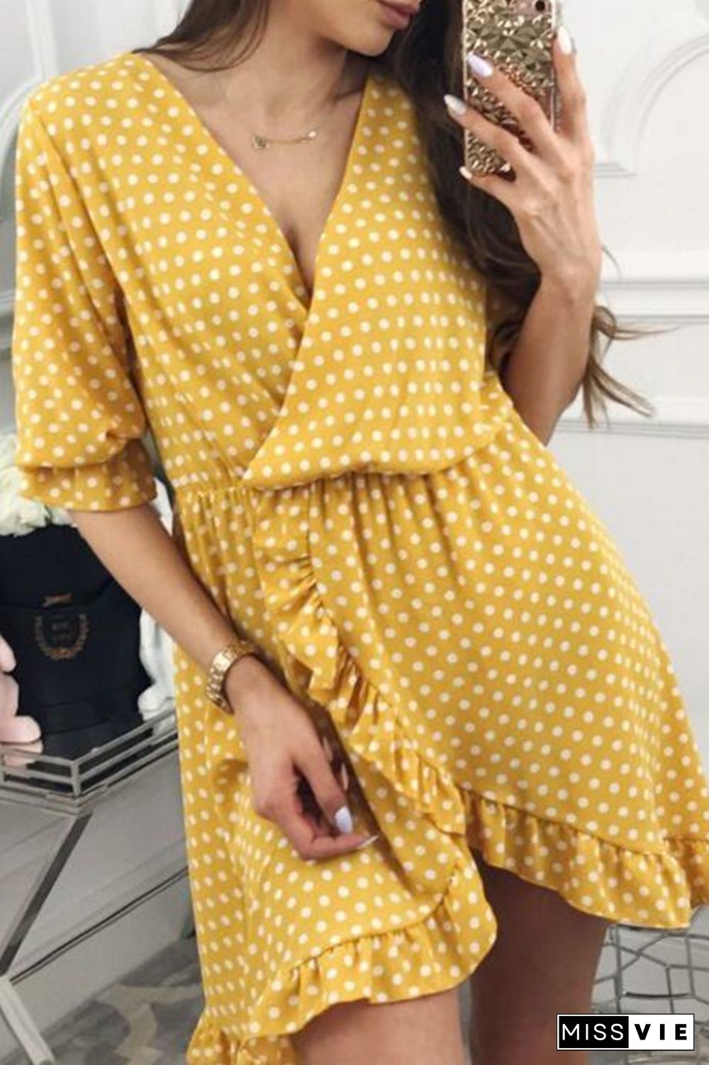 Polka Dot Ruffle Irregular Hem Midi Dress