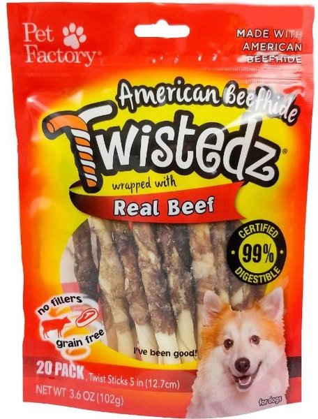 Pet Factory Twistedz 5-inch Beefhide Beef Flavored Twist Sticks Dog Hard Chews， 20 count