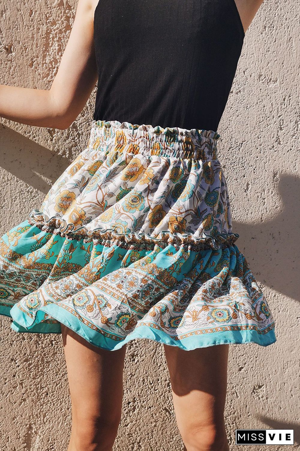 Printed Bohemian National Lotus Leaf Skirt