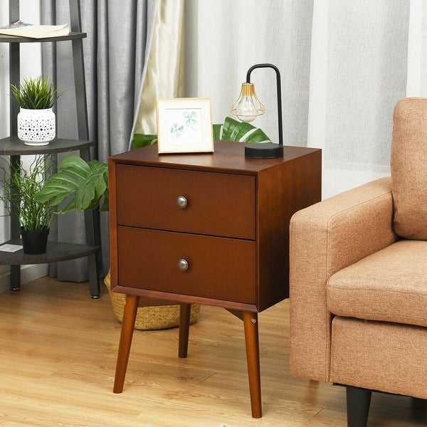 Nightstand Mid-Century End Side Table with 2 Drawers and Rubber Wood Legs - - 35551513