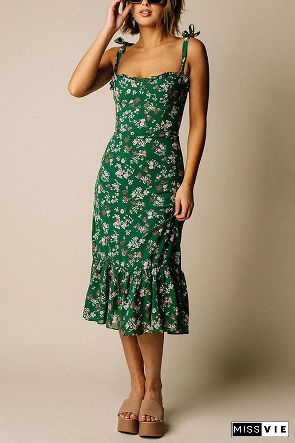 Print Tie Slip Slim Midi Dress