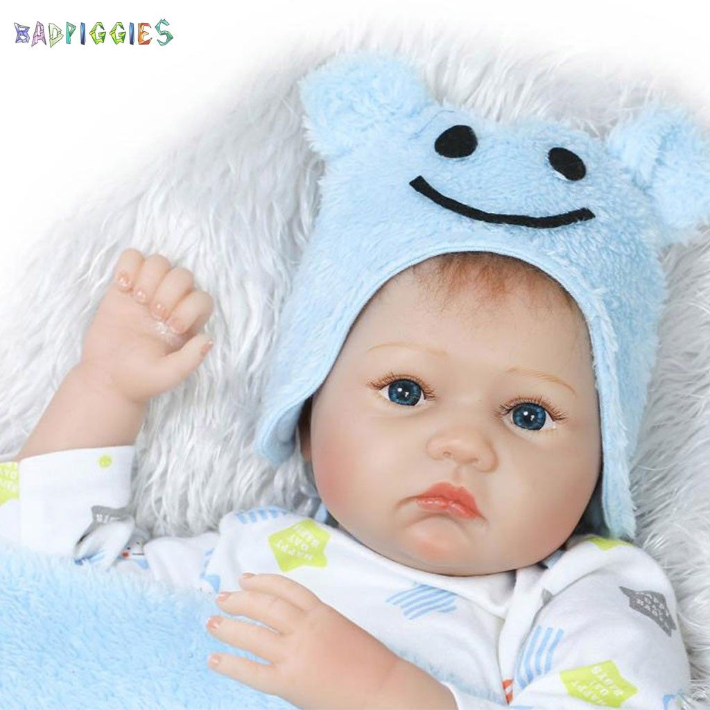 BadPiggies 22 Inch Reborn Baby Doll Handmade Soft Vinyl Silicone Lifelike Alive Baby Toys For Kids Xmas New Year Gift (Blue, Boy)