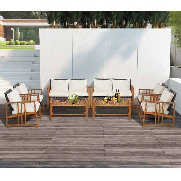 Costway 8pcs Patio Mix Brown Wicker Sofa Set Acacia Wood Frame With Seat amp Back Cushions