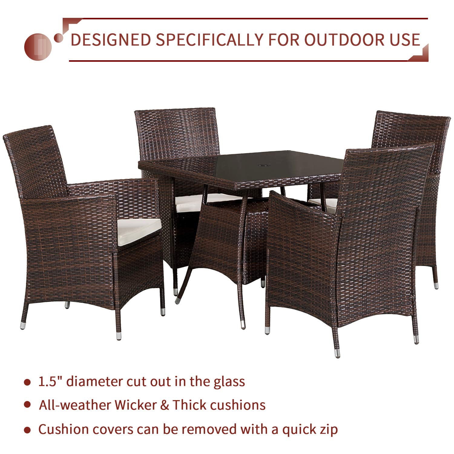 SUNCROWN Outdoor Furniture All-Weather Square Wicker Dining Table and Chairs for 4 (5-Piece Set) Washable Cushions, Patio, Backyard, Porch, Garden, Poolside, Tempered Glass Tabletop, Modern Design