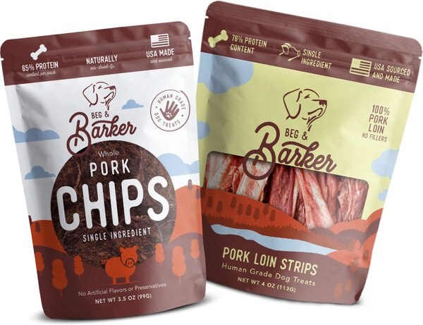 Beg and Barker Whole Pork Jerky Strip and Chips Natural Single Ingredient Dog Treats， 4-oz and 3.5-oz， case of 2