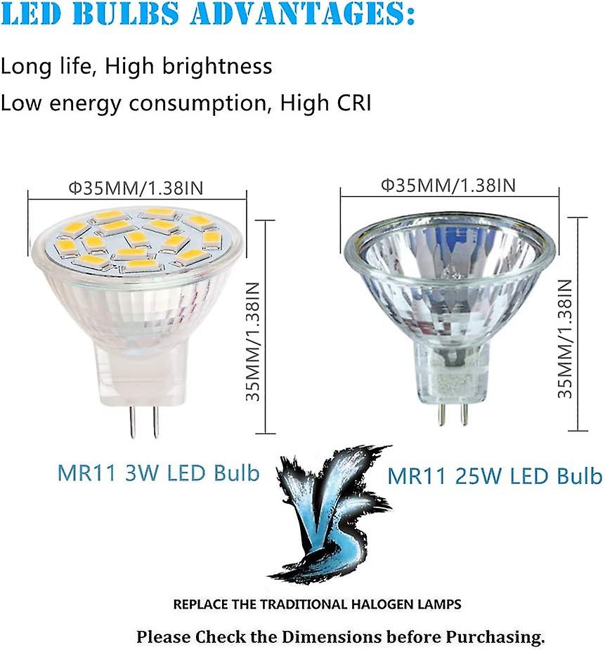 12v 3w Mr11 Led Bulbs Equivalent To 20-30w Halogen Bulbs， Gu4.0 Base， Warm White (3000k， 6 Pack)