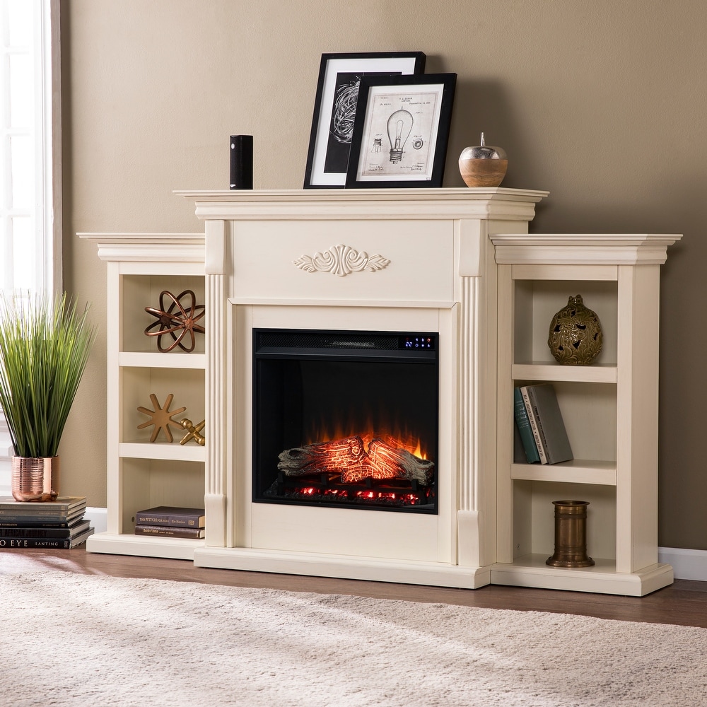 SEI Furniture Forbes Electric Fireplace 70 inch Ivory Mantel with Bookcase Storage