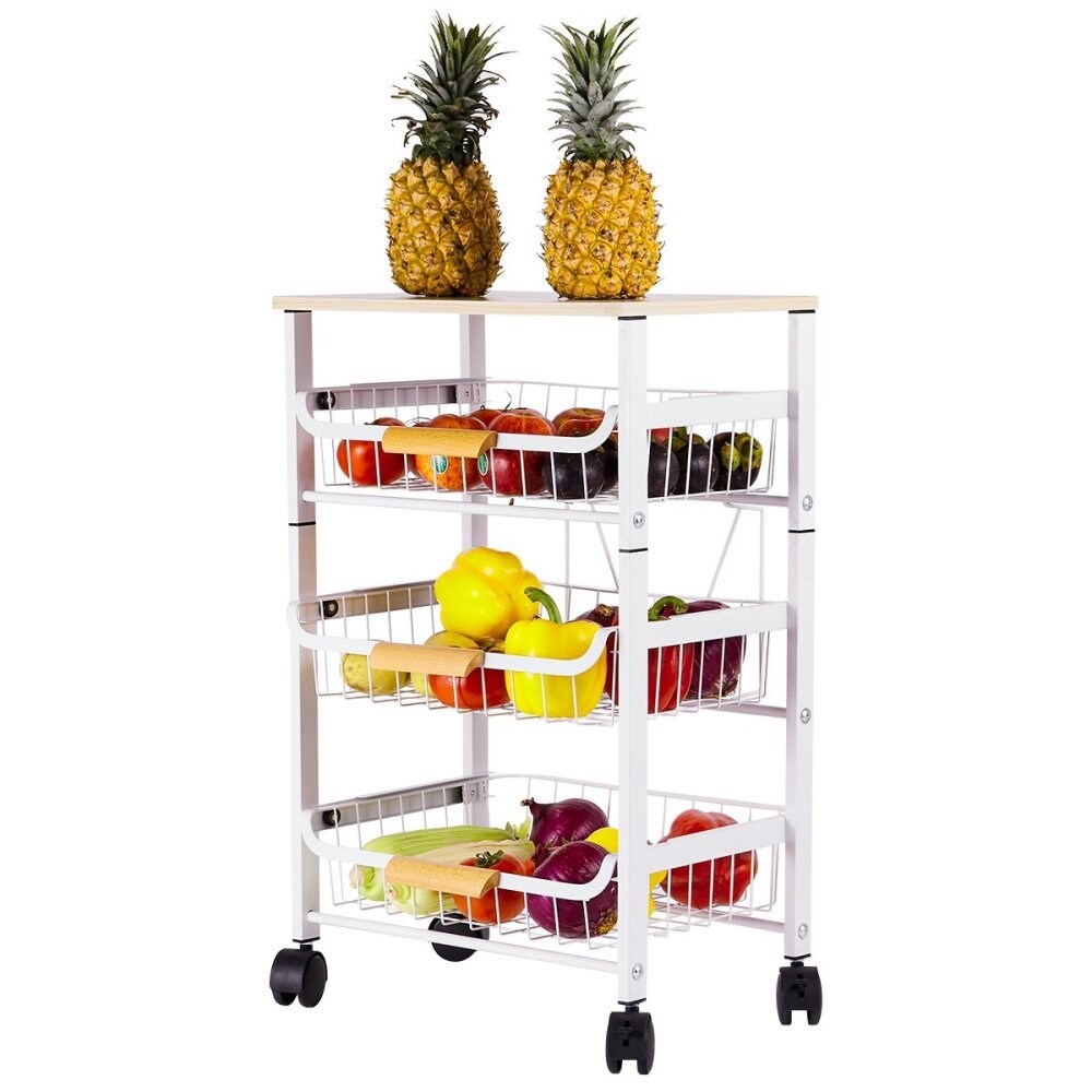 4 Tier Metal Wire Basket Shelf White Kitchen Storage Rolling Cart