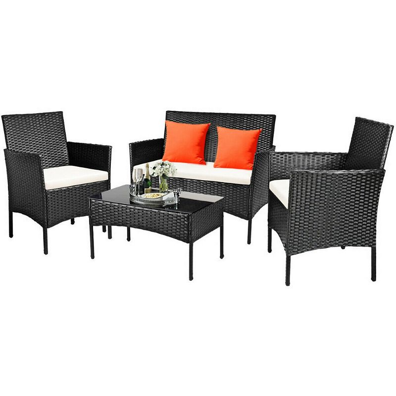 4 Pieces Patio Rattan Cushioned Sofa Furniture Set with Tempered Glass Coffee Table