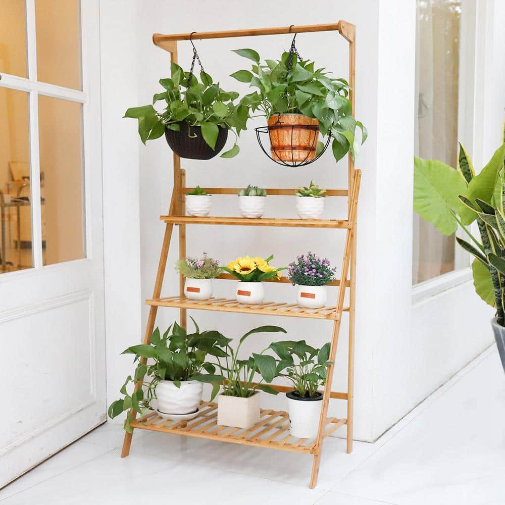 AESOME 56.8 in. x 27.5 in. Bamboo Hanging Plant Stand 3-Tier Ladder Display Rack for Garden Patio Succulent Basket Planter HJ70DL