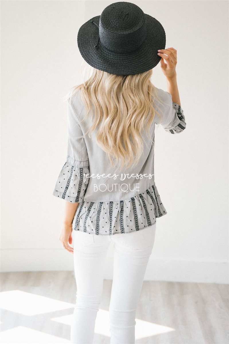 Chambray Embroidered Bell Sleeve Peplum Top