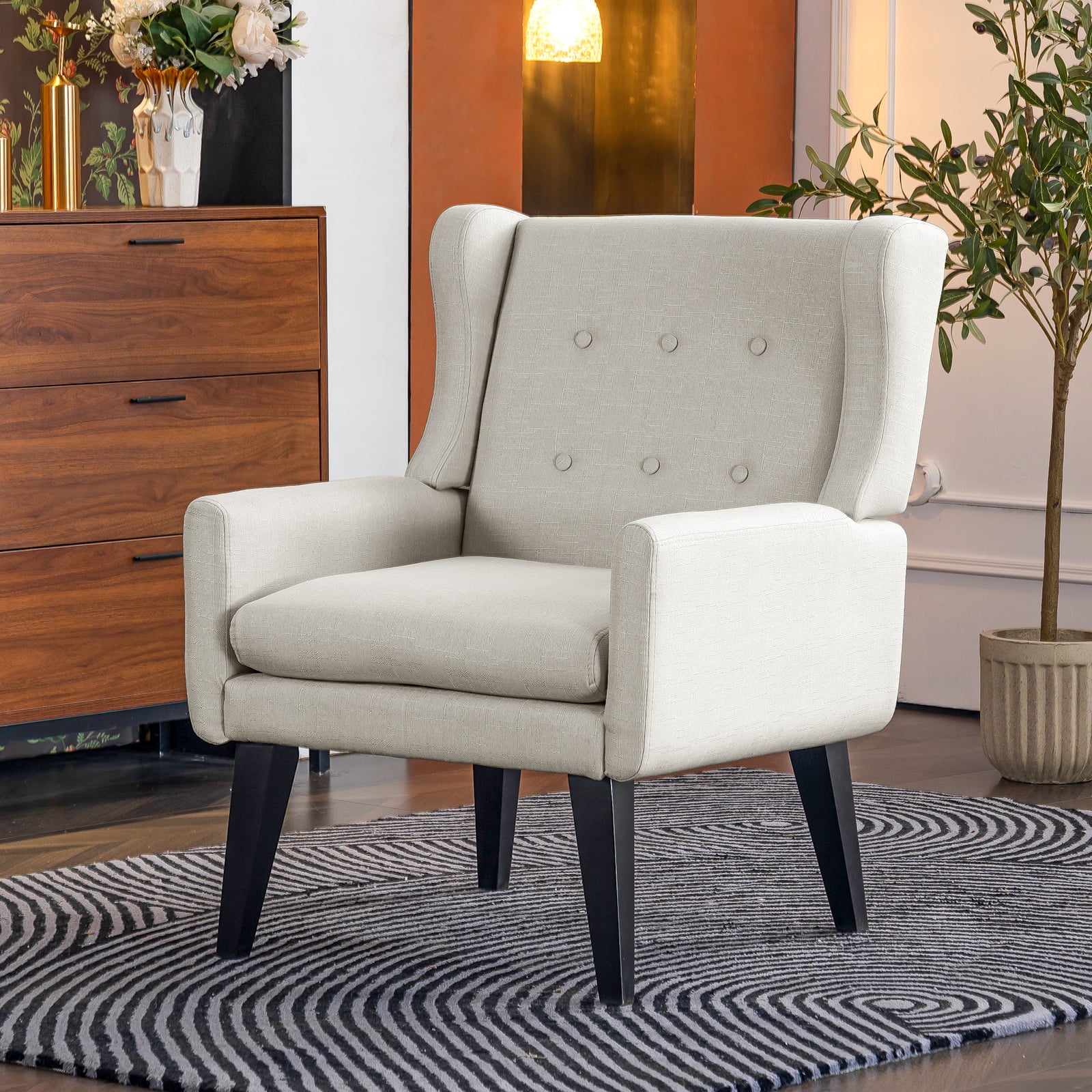 July's Song Accent Chair,Mid Century Modern Wingback Chair,Tufted Fabric Comfy Living Room Chair,Beige