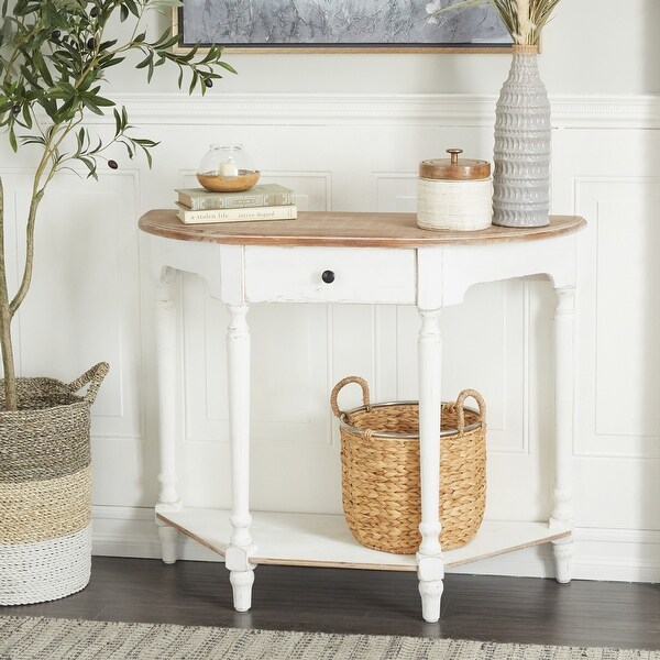 White Distressed Wood Country Farmhouse Half Moon Console Table