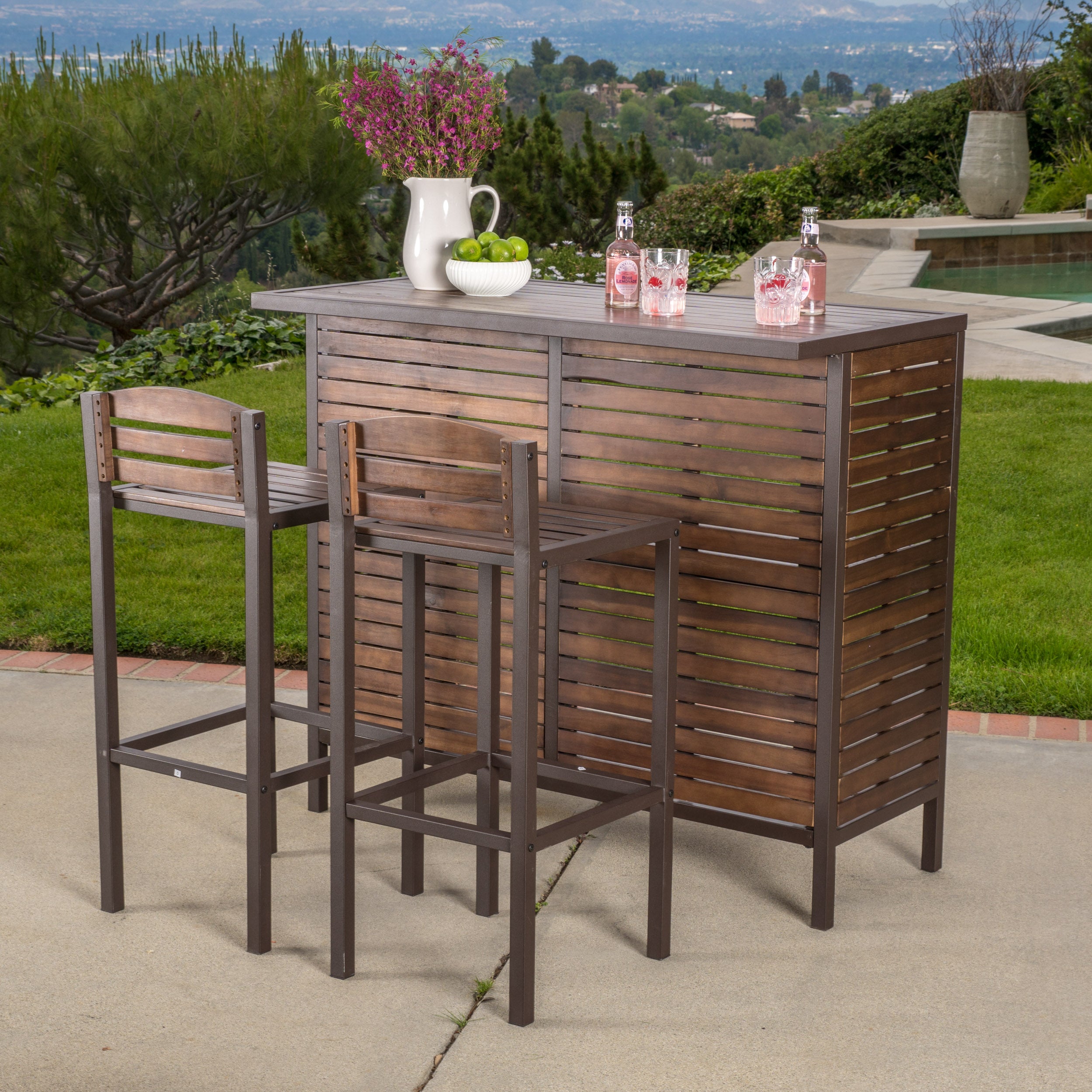 Isabel Dark Brown Acacia Wood & Rustic Metal Bar With 30-Inch Barstools