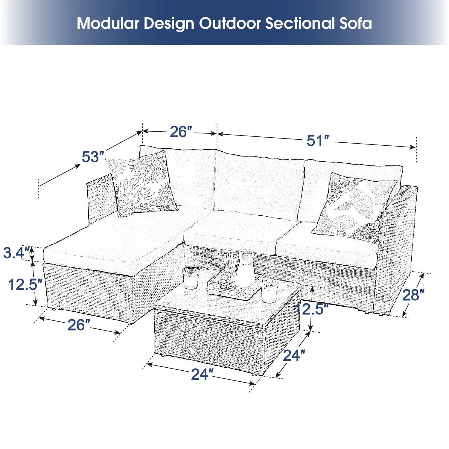 MF Studio 3 Pieces Outdoor Sectional Sofa Set Wicker Patio Furniture Conversation Set with Navy Blue Cushions