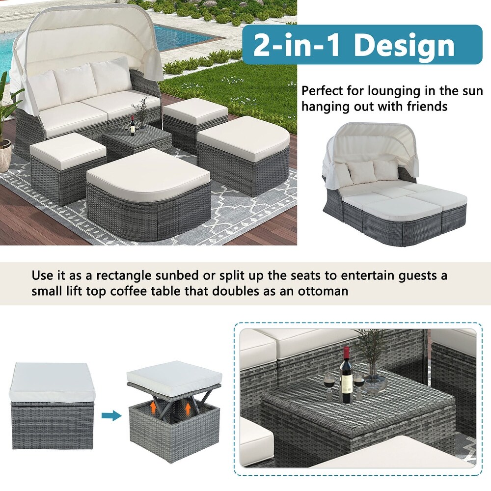 DIY Outdoor Sunbed Sofa Set with Coffee Table and Retractable Canopy