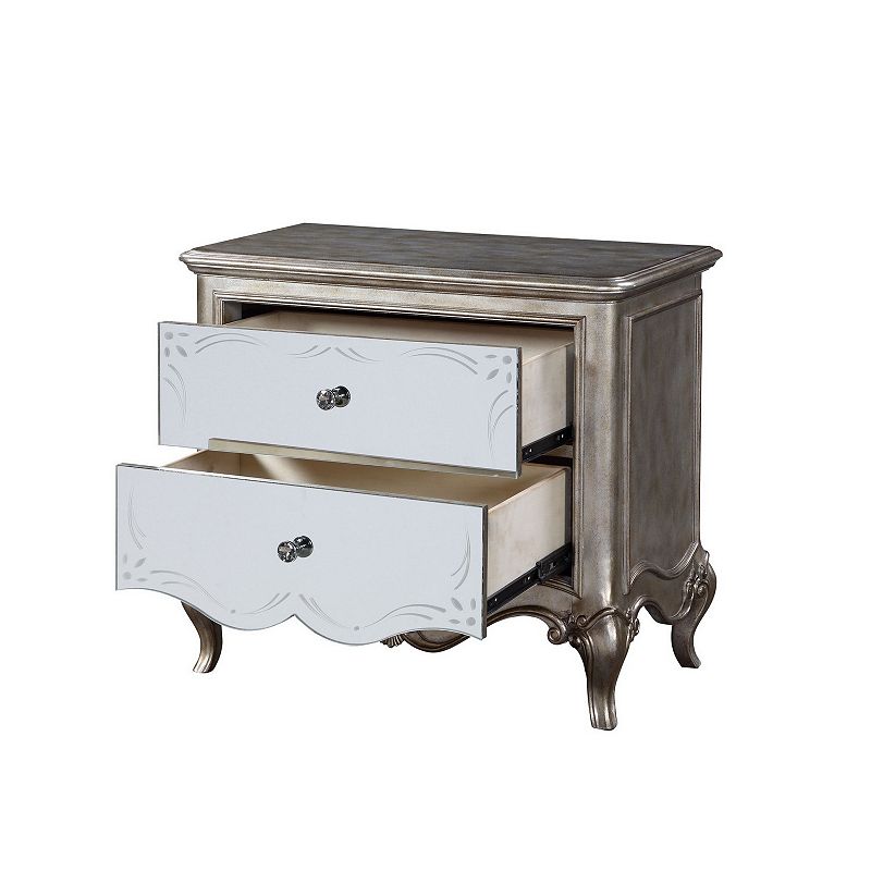 Nightstand with Mirror Front and Molded Trim， Antique Silver