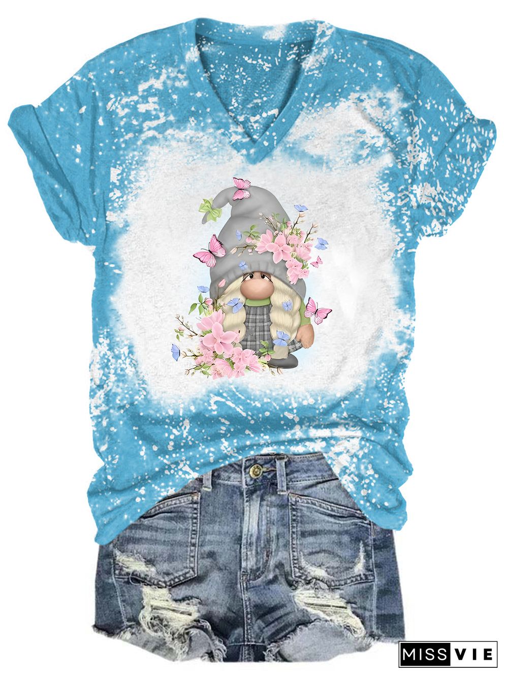 Floral Gnome Tie Dye V Neck T-shirt