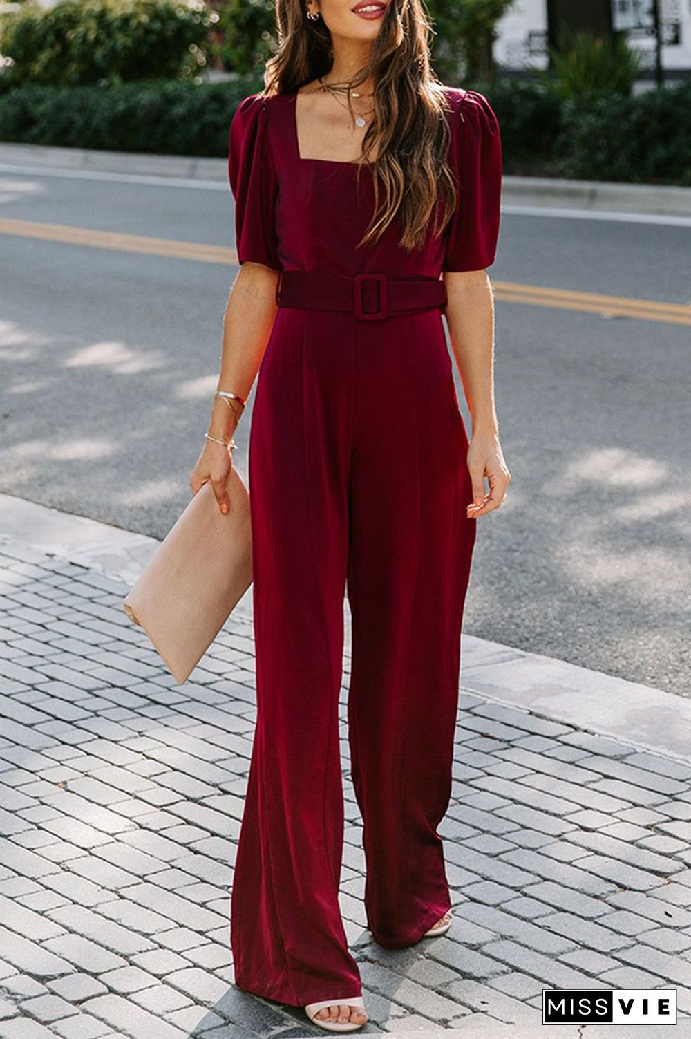 Fashion Elegant Solid Fold With Belt Square Collar Jumpsuits