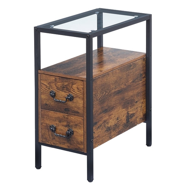 VECELO 2-Drawer Modern Narrow End Table with Glass Top