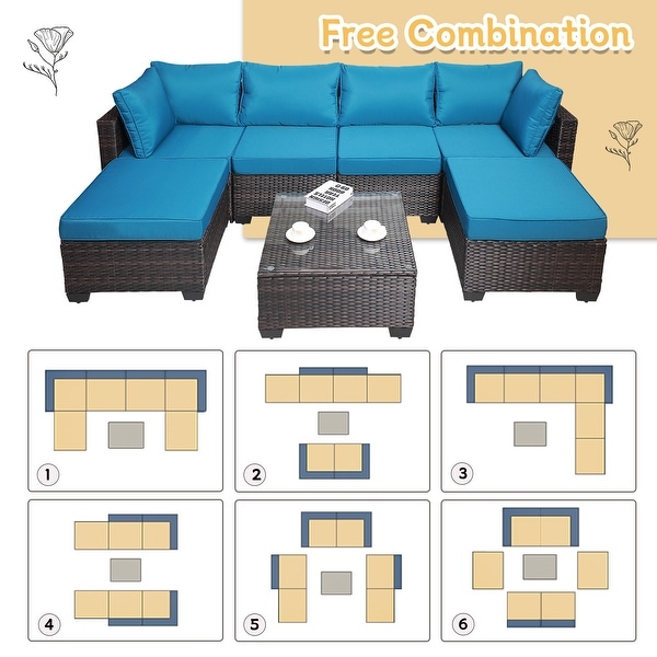 7Piece Rattan Sectional Sofa Set with Cushions and Table