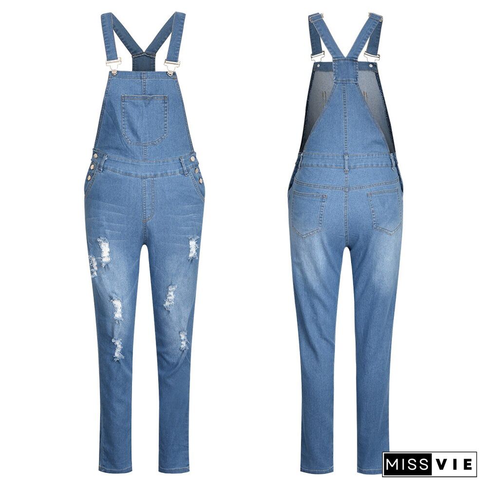 Sale New Spring Women Overalls Cool Denim Jumpsuit Ripped Holes Casual Jeans Sleeveless Jumpsuits Hollow Out Rompers D30