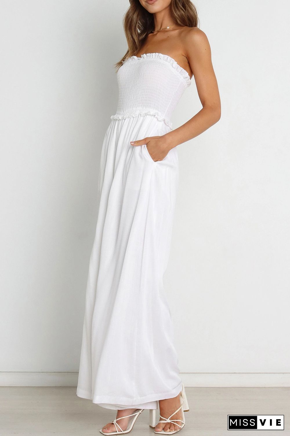 White Smocked Bandeau Wide Leg Jumpsuit