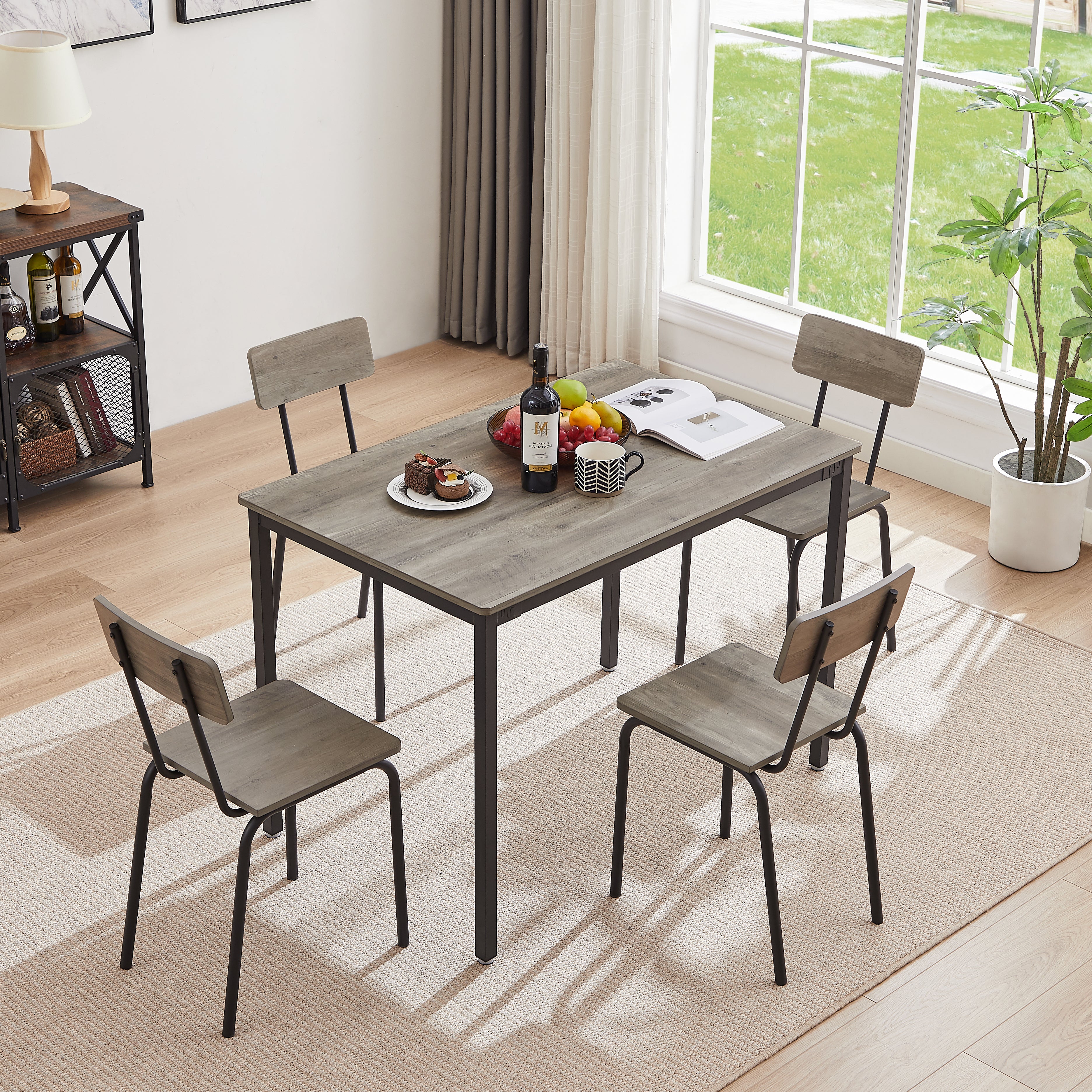 Industrial Style Dining Table and Chairs Set of 5 with Backrests