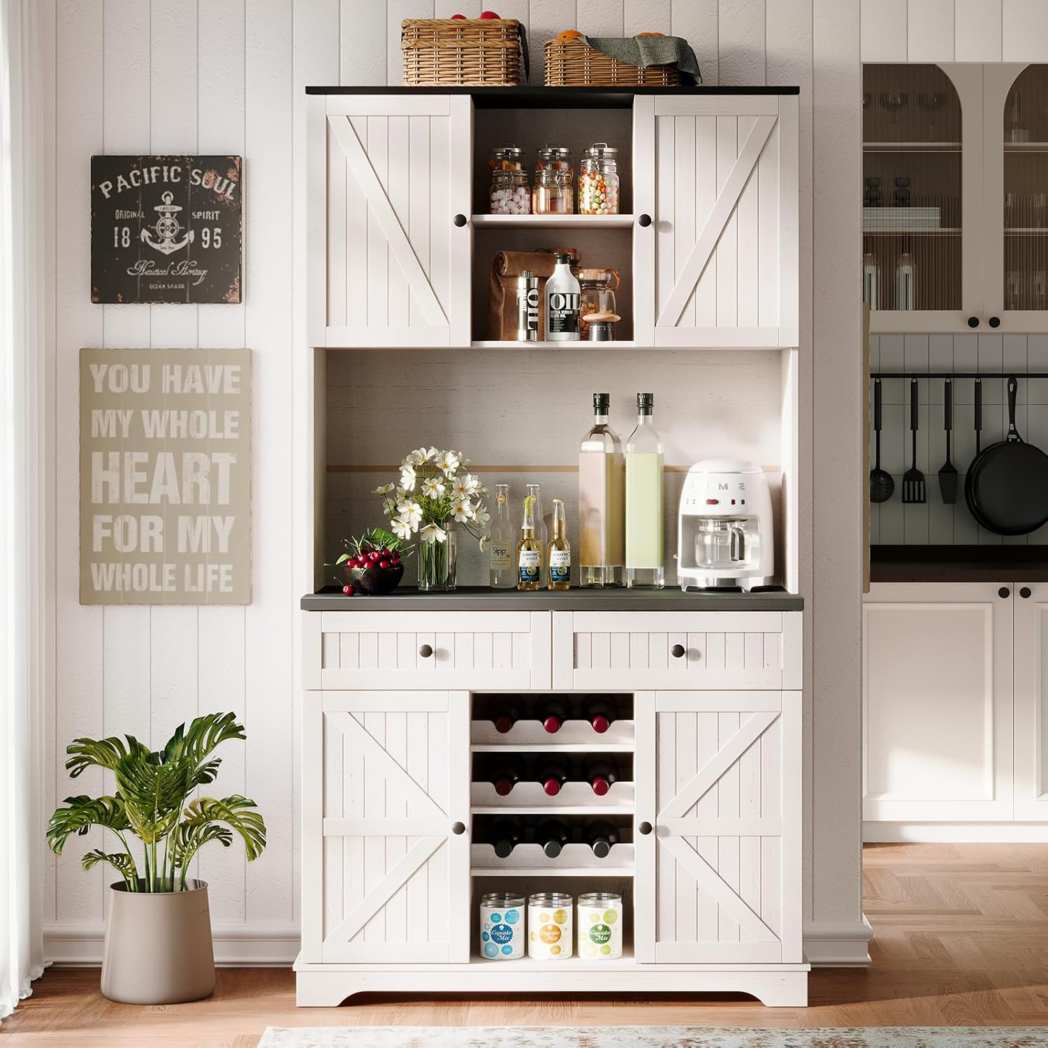 Kitchen Cabinet with Drawers, Wine Rack with Adjustable Shelves , 71 inches.