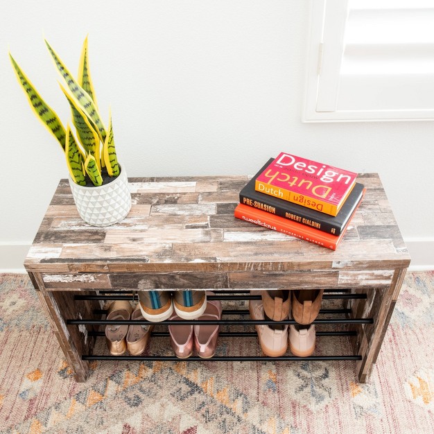 Industrial Shoe Bench With Metal Storage Racks Distressed Wood Danya B