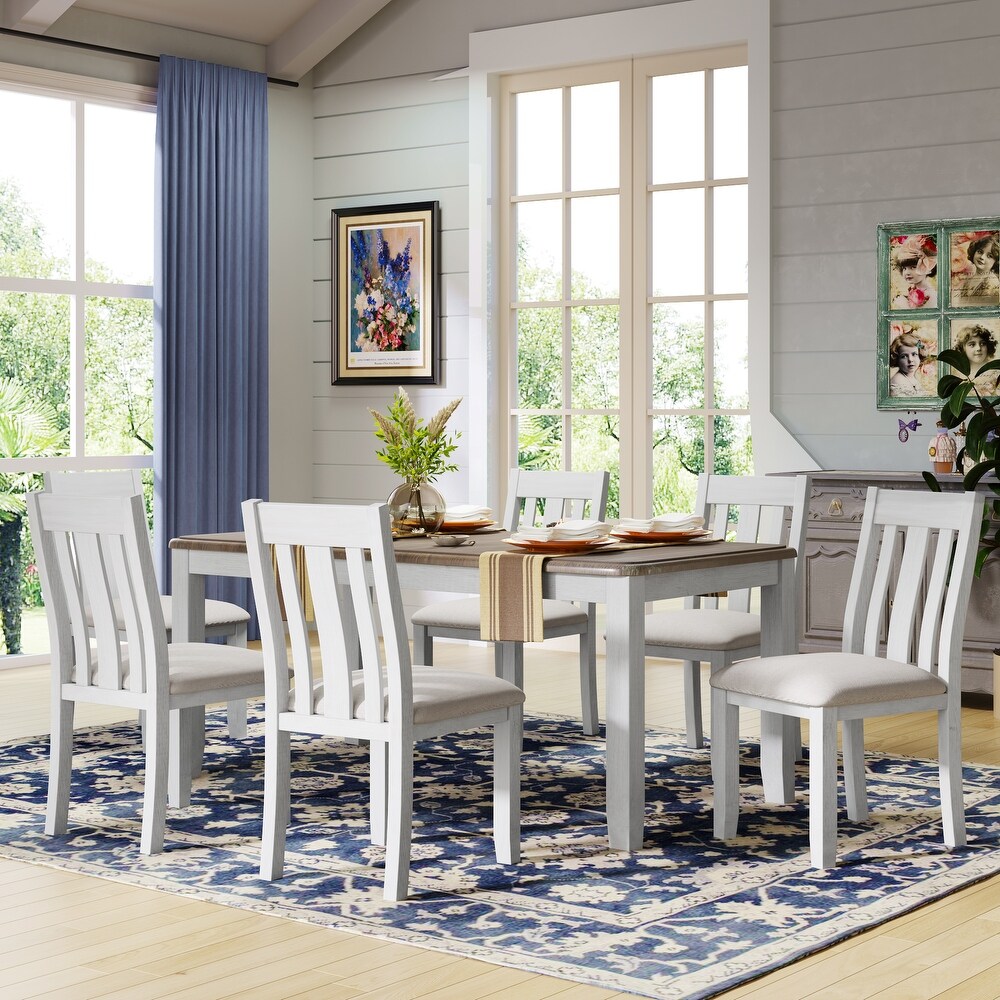 7 Piece Dining Set with Rectangular Extendable Dining Table and Slat Back Upholstered Dining Chairs for Dining Room