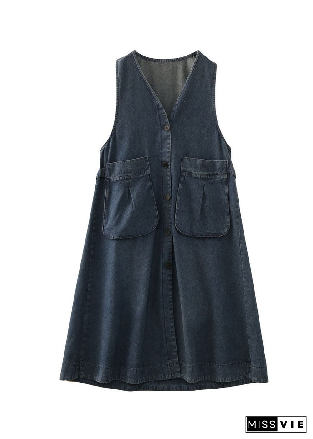 Beautiful Denim Blue V Neck Patchwork Pockets Cotton A Line Dress Sleeveless