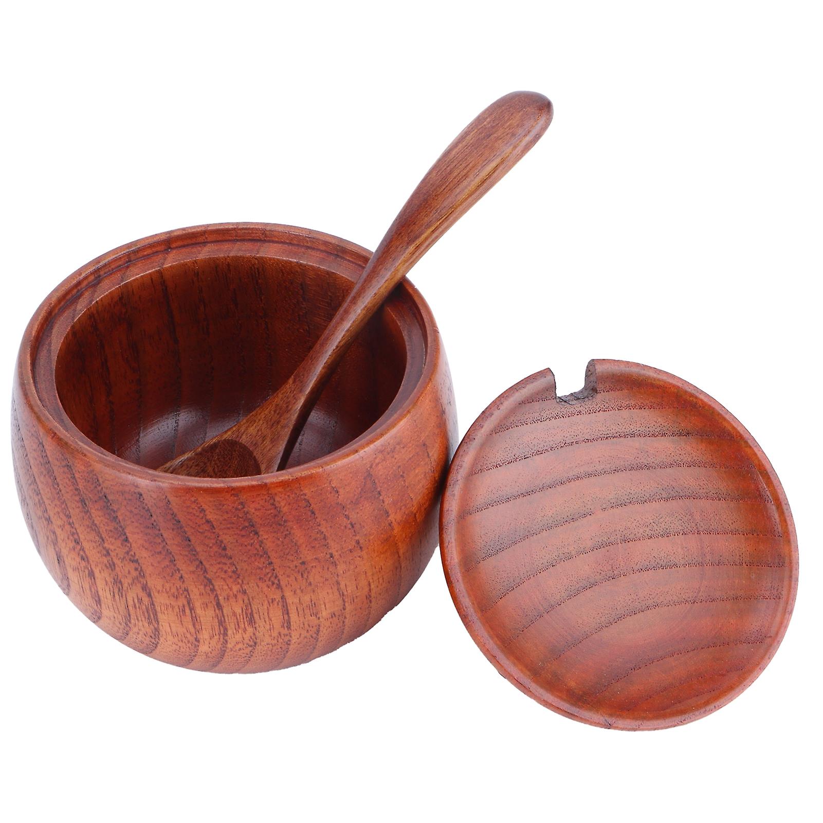 Wooden Salt Box With Lid Spoon Vintage Spice Jar Seasoning Container Cooking Utensil