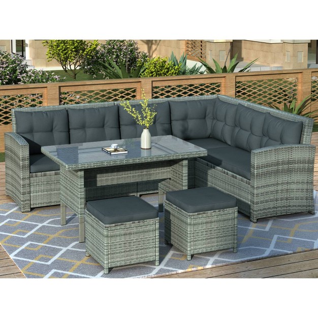 6pc Wicker Patio Set With Glass Table Ottomans Gray dark Gray Godeer