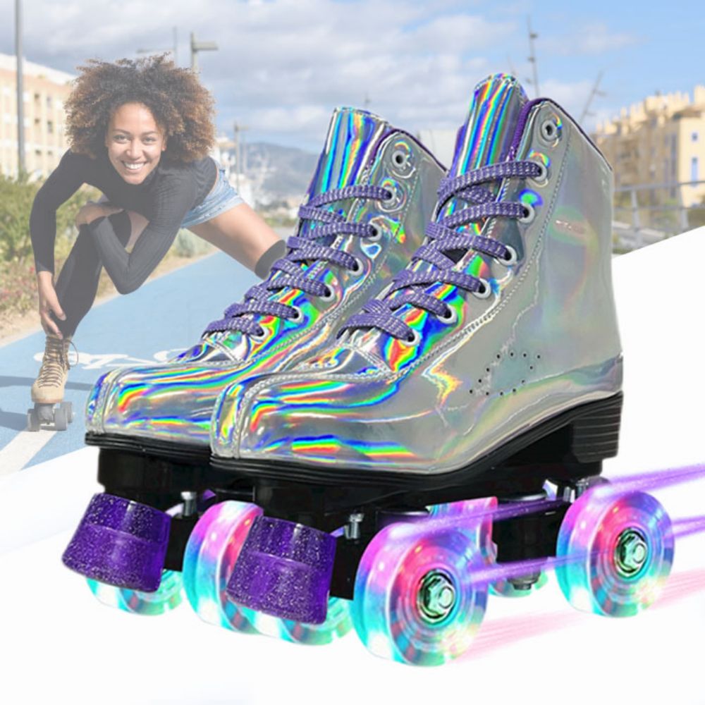 Laser Roller Skates for Women Cozy High Top Shiny Skates Classic Double-Row Quad Skates for Beginner Indoor Outdoor， Sliver， 8