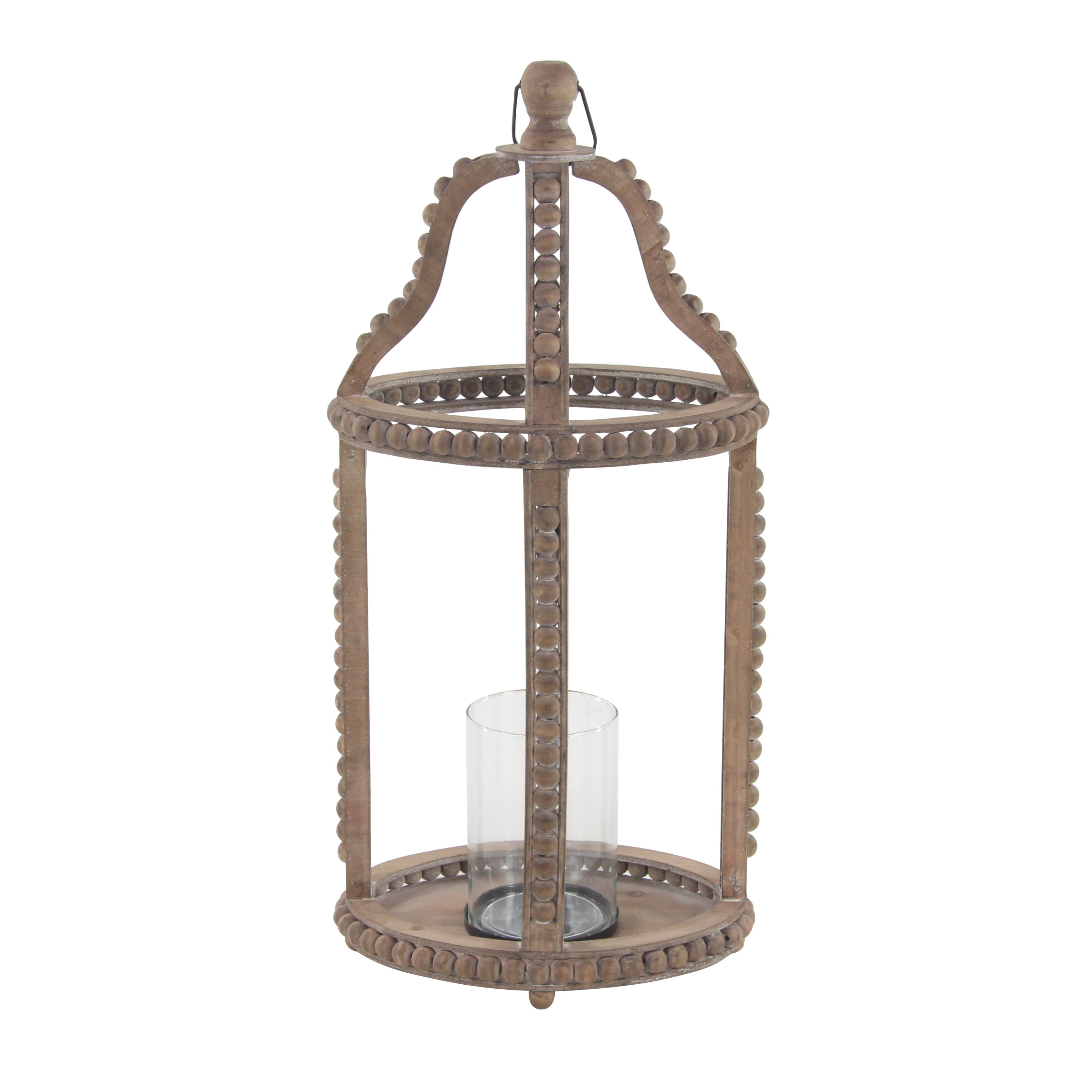 DecMode Brown Reclaimed Wood Beaded Pillar Candle Lantern