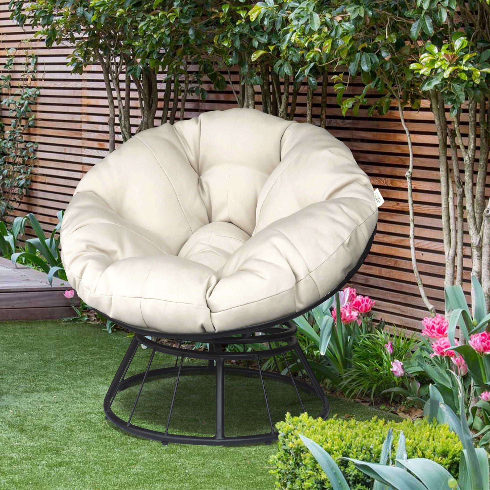 Arttoreal Outdoor 360-Degree Swivel Papasan Chair with Round Cushion and Steel Frame,for Garden and Backyard,Beige