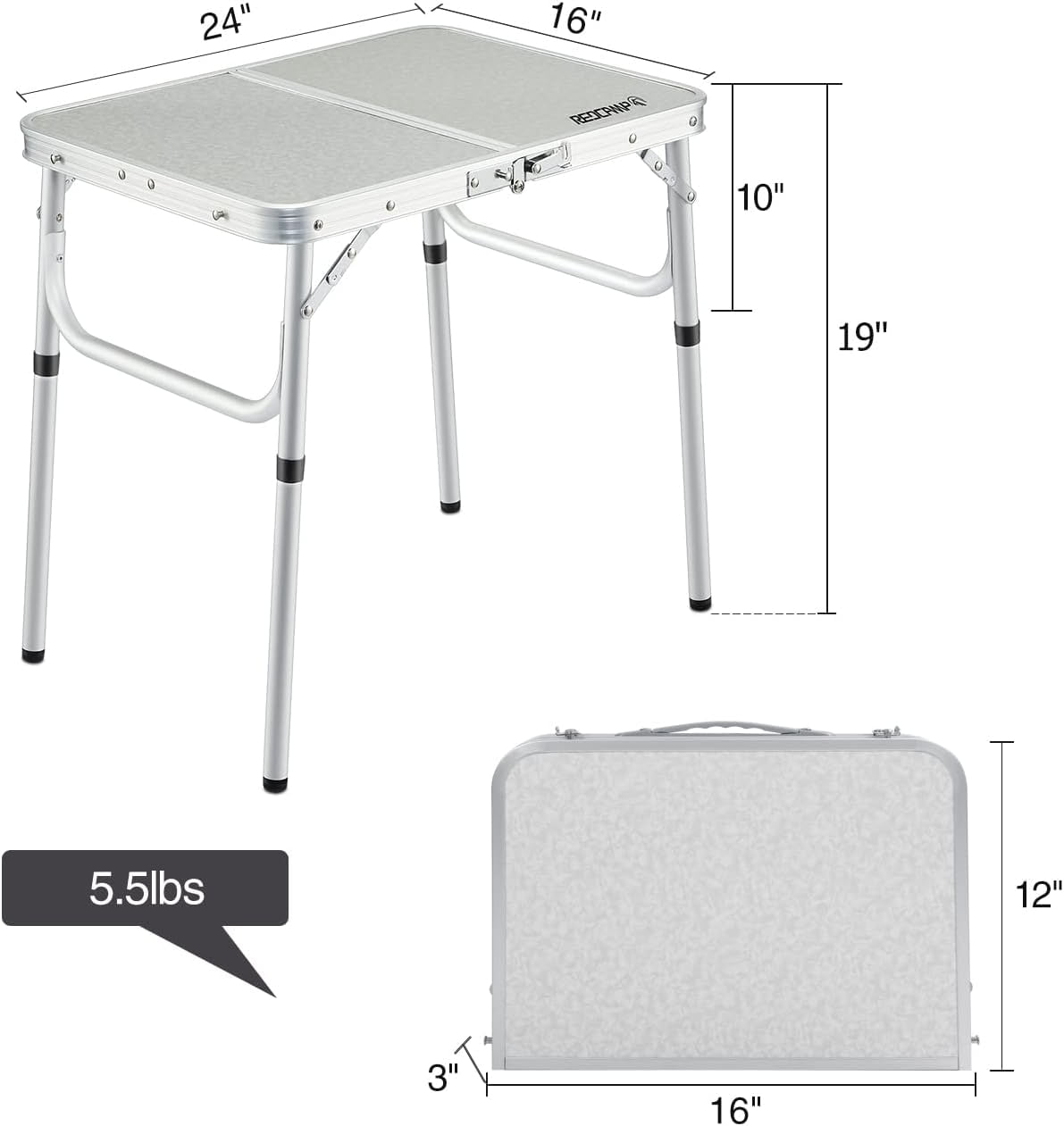 REDCAMP 2 Foot Folding Camping Table, Portable Lightweight Aluminum Table for Outdoor Picnic Cooking, White 2 Heights