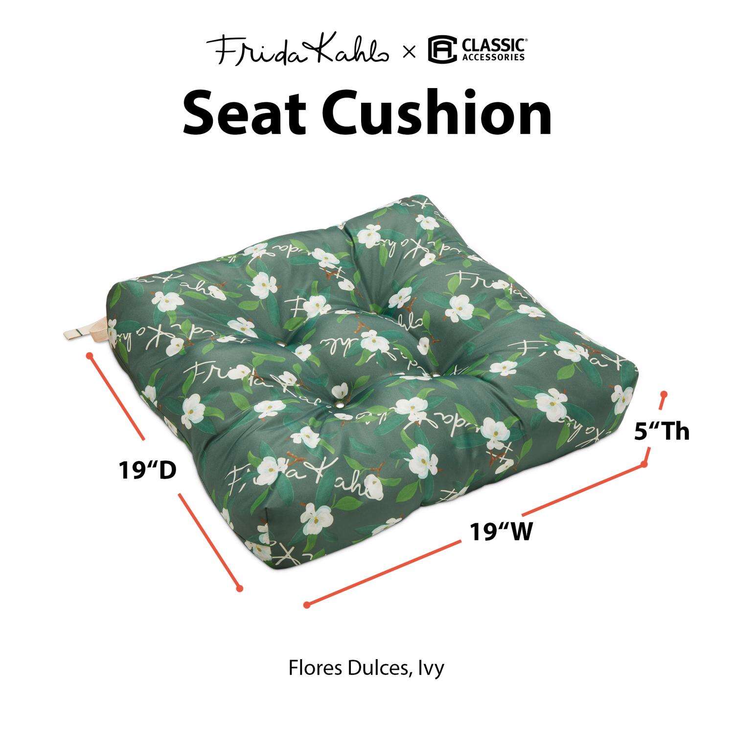 Classic Accessories Frida Kahlo Green/White Flores Dulces Polyester Chair Cushion 5 in. H X 19 in. W