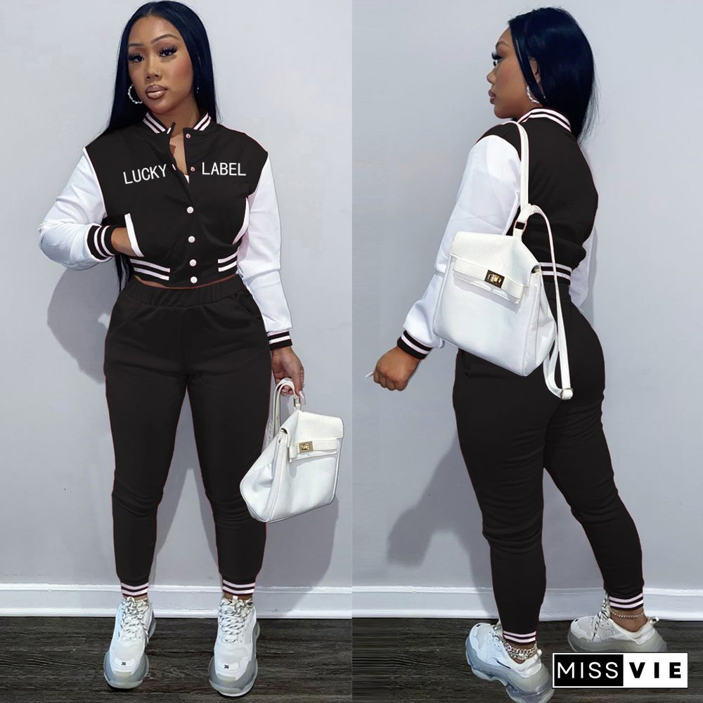 Letter Print Baseball Jacket Sporty Pants Set