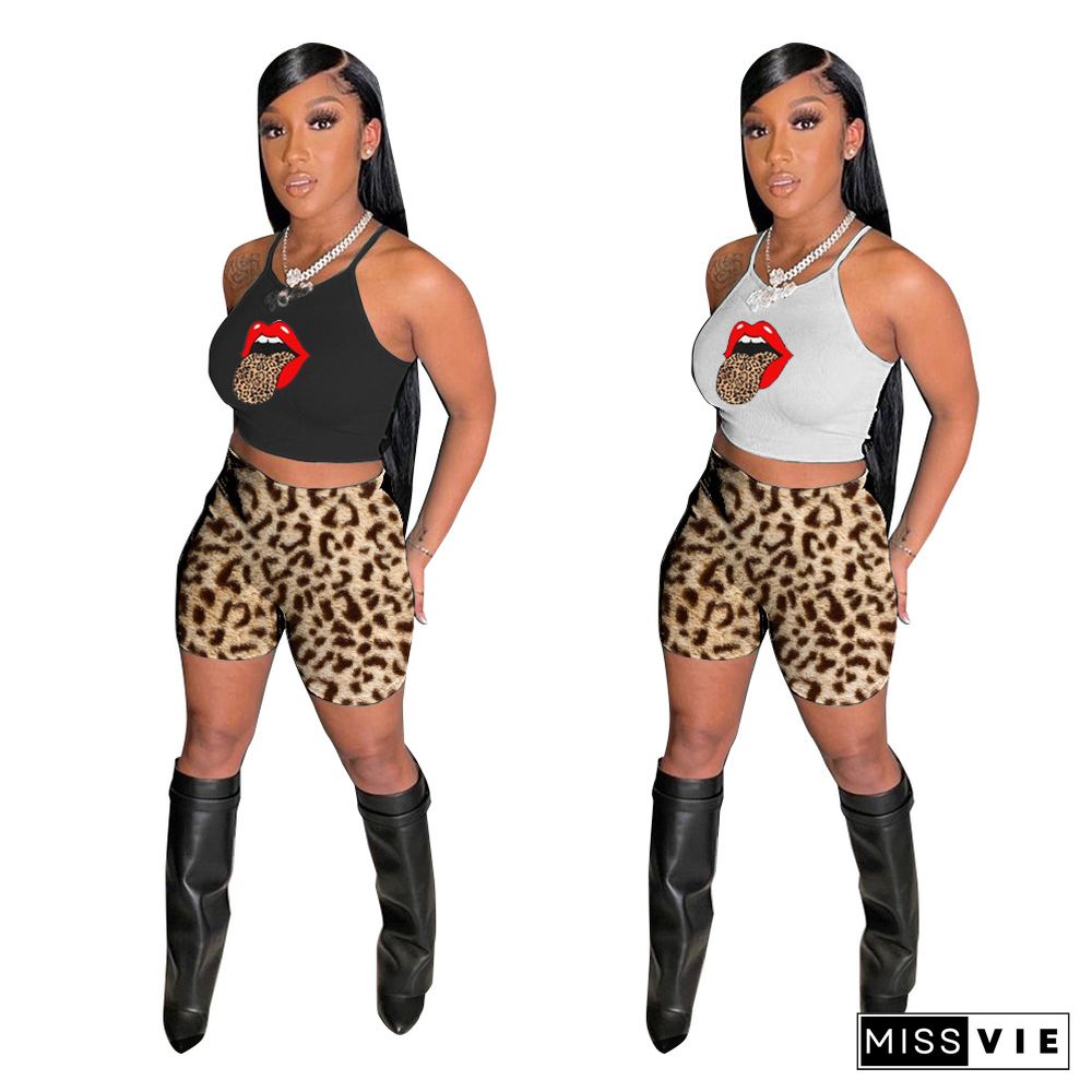 Spaghetti Straps Crop Top Leopard Print Shorts Set